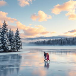 A serene winter landscape showcasing a frozen lake covered in a thick layer of ice, surrounded by snow-dusted pine trees