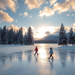 A serene winter landscape showcasing a frozen lake covered in a thick layer of ice, surrounded by snow-dusted pine trees