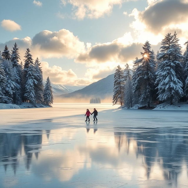 A serene winter landscape showcasing a frozen lake covered in a thick layer of ice, surrounded by snow-dusted pine trees