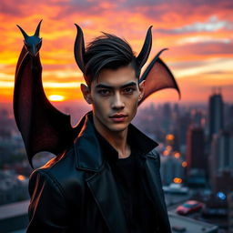 A stunningly handsome young man with bat-like features, showcasing sleek black ears and wings sprouting subtly from his back