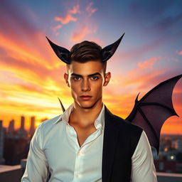 A stunningly handsome young man with bat-like features, showcasing sleek black ears and wings sprouting subtly from his back