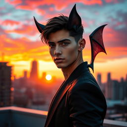 A stunningly handsome young man with bat-like features, showcasing sleek black ears and wings sprouting subtly from his back