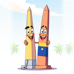 A delightful animated illustration featuring the iconic obelisk of Buenos Aires, Argentina and the unique obelisk of Barquisimeto, Venezuela