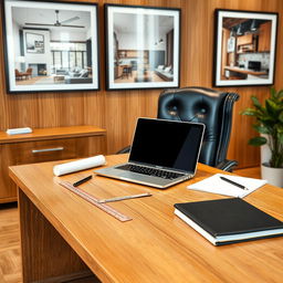 A wooden office desk featuring a sleek laptop and various engineering tools such as a scale ruler, drafting tools, and a notebook