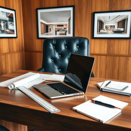 A wooden office desk featuring a sleek laptop and various engineering tools such as a scale ruler, drafting tools, and a notebook