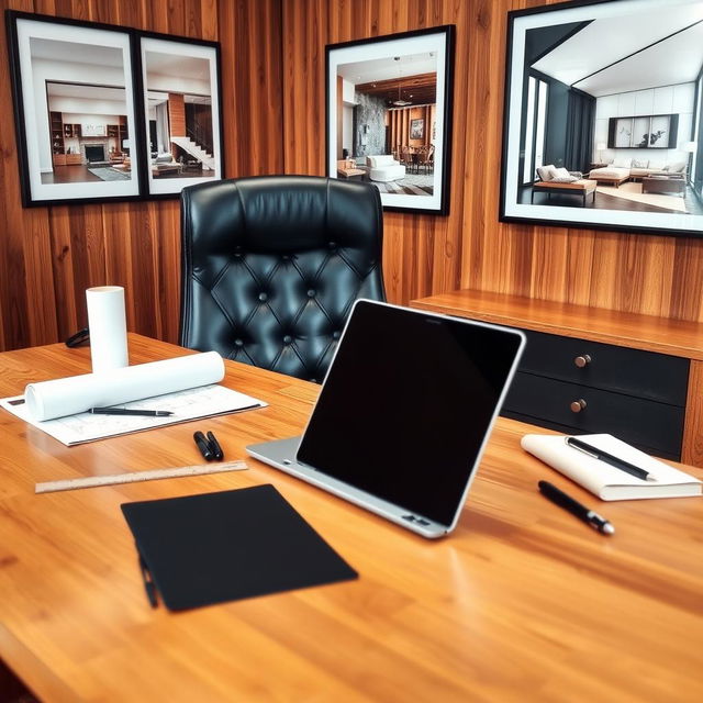 A wooden office desk featuring a sleek laptop and various engineering tools such as a scale ruler, drafting tools, and a notebook