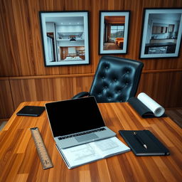 A wooden office desk featuring a sleek laptop and various engineering tools such as a scale ruler, drafting tools, and a notebook