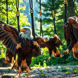 A lively scene of powerful eagles engaged in TRX training, using suspended straps set up in a natural outdoor environment, such as a forest or mountain clearing