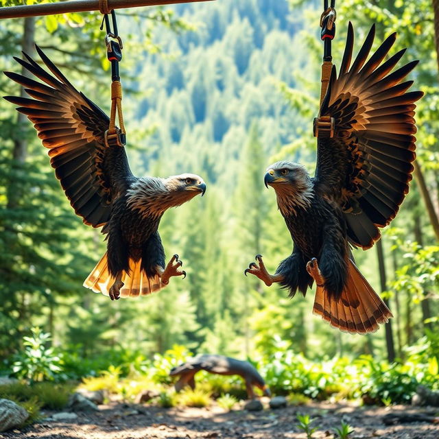 A lively scene of powerful eagles engaged in TRX training, using suspended straps set up in a natural outdoor environment, such as a forest or mountain clearing