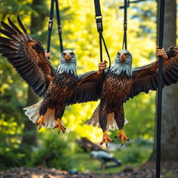A lively scene of powerful eagles engaged in TRX training, using suspended straps set up in a natural outdoor environment, such as a forest or mountain clearing