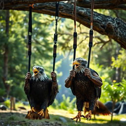 A lively scene of powerful eagles engaged in TRX training, using suspended straps set up in a natural outdoor environment, such as a forest or mountain clearing