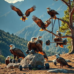 A striking scene showcasing powerful eagles engaged in fitness training using weights, TRX straps, and barbells