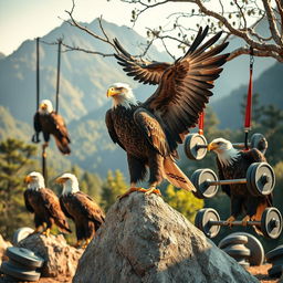 A striking scene showcasing powerful eagles engaged in fitness training using weights, TRX straps, and barbells