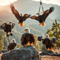 A striking scene showcasing powerful eagles engaged in fitness training using weights, TRX straps, and barbells