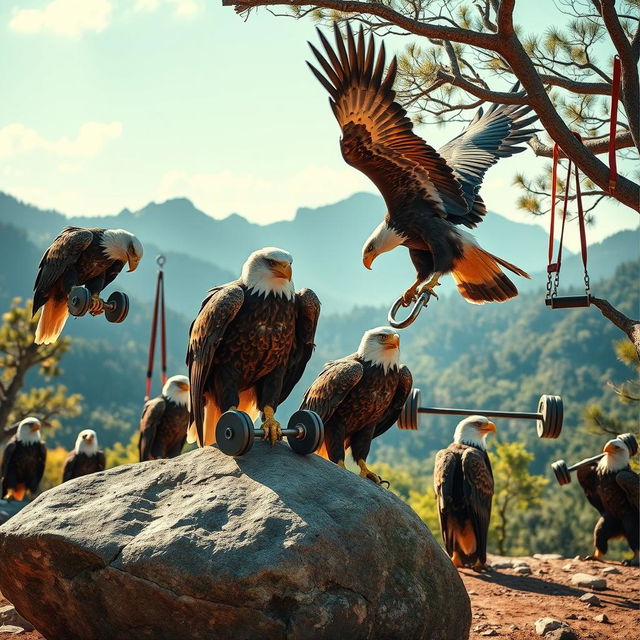 A striking scene showcasing powerful eagles engaged in fitness training using weights, TRX straps, and barbells