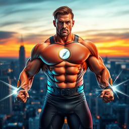 A strong man with superpowers, standing confidently in a dynamic pose