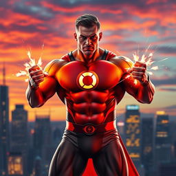 A strong man with superpowers, standing confidently in a dynamic pose
