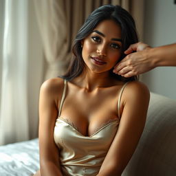 A slim petite Indian woman with beautiful features, wearing a luxurious satin top and delicate lingerie