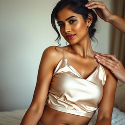 A slim petite Indian woman with beautiful features, wearing a luxurious satin top and delicate lingerie