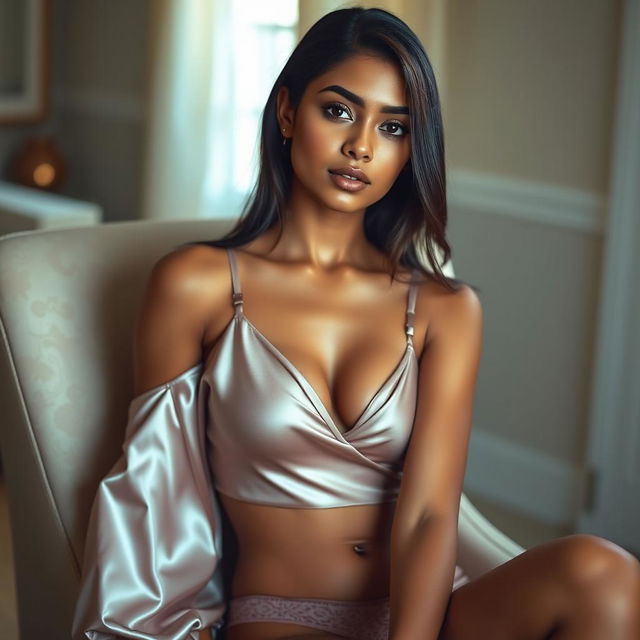 A slim petite Indian woman with beautiful features, wearing a luxurious satin top and delicate lingerie