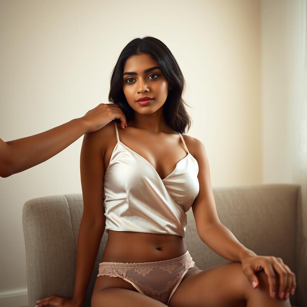 A slim petite Indian woman with beautiful features, wearing a luxurious satin top and delicate lingerie