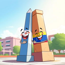 A charming animated illustration featuring the iconic obelisk of Buenos Aires, Argentina, and the distinct obelisk of Barquisimeto, Venezuela, joyfully embracing and laughing together