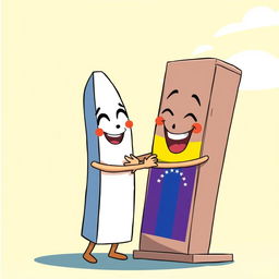 A charming animated illustration featuring the iconic obelisk of Buenos Aires, Argentina, and the distinct obelisk of Barquisimeto, Venezuela, joyfully embracing and laughing together