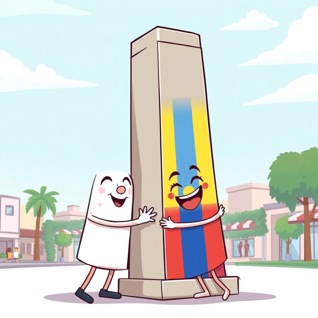 A charming animated illustration featuring the iconic obelisk of Buenos Aires, Argentina, and the distinct obelisk of Barquisimeto, Venezuela, joyfully embracing and laughing together