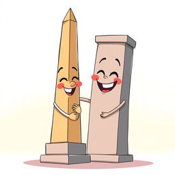 A charming animated illustration featuring the iconic obelisk of Buenos Aires, Argentina, and the distinct obelisk of Barquisimeto, Venezuela, joyfully embracing and laughing together