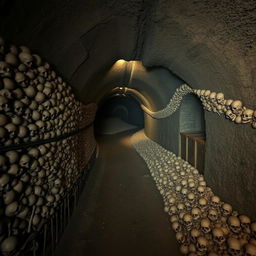 A hauntingly beautiful scene inside the Catacombs of Paris, France