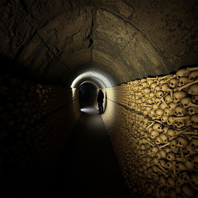 A hauntingly beautiful scene inside the Catacombs of Paris, France