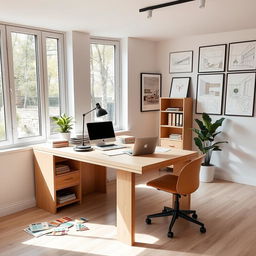A stylish interior design office featuring a light wooden desk, complemented by a contemporary chair