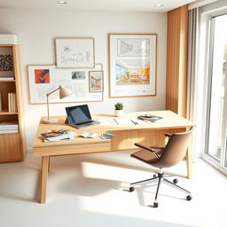 A stylish interior design office featuring a light wooden desk, complemented by a contemporary chair