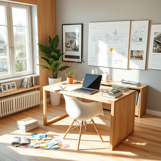 A stylish interior design office featuring a light wooden desk, complemented by a contemporary chair