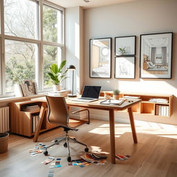 A stylish interior design office featuring a light wooden desk, complemented by a contemporary chair