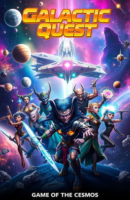An epic space adventure scene titled 'Galactic Quest: Game of the Cosmos', featuring a diverse group of interstellar heroes, each showcasing different alien features and attire
