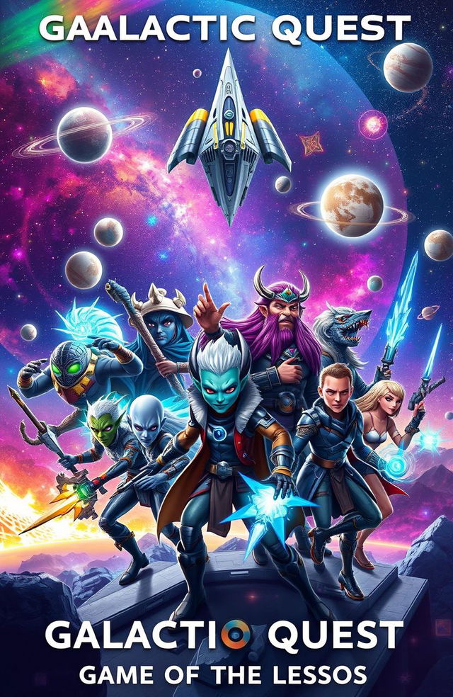 An epic space adventure scene titled 'Galactic Quest: Game of the Cosmos', featuring a diverse group of interstellar heroes, each showcasing different alien features and attire