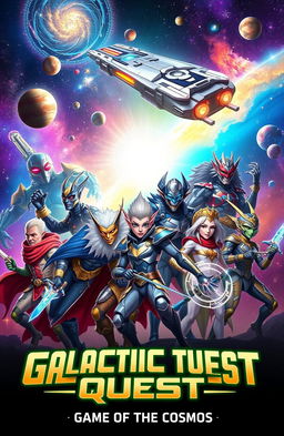 An epic space adventure scene titled 'Galactic Quest: Game of the Cosmos', featuring a diverse group of interstellar heroes, each showcasing different alien features and attire