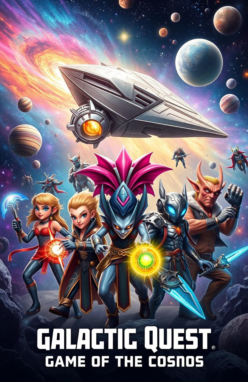 An epic space adventure scene titled 'Galactic Quest: Game of the Cosmos', featuring a diverse group of interstellar heroes, each showcasing different alien features and attire