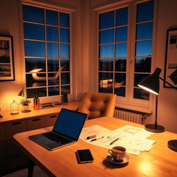 A cozy interior design office at night, featuring a light wooden desk illuminated by warm ambient lighting