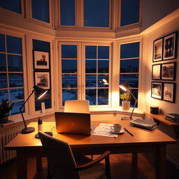 A cozy interior design office at night, featuring a light wooden desk illuminated by warm ambient lighting