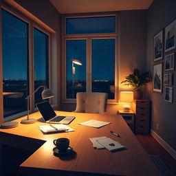 A cozy interior design office at night, featuring a light wooden desk illuminated by warm ambient lighting