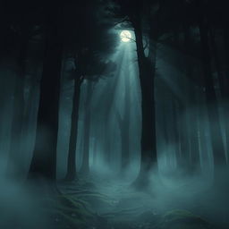 A dark and mysterious forest scene, filled with dense, towering trees shrouded in fog