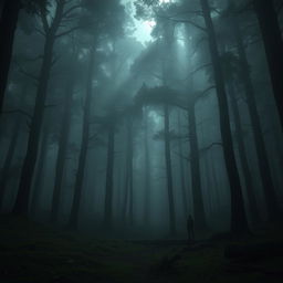 A dark and mysterious forest scene, filled with dense, towering trees shrouded in fog