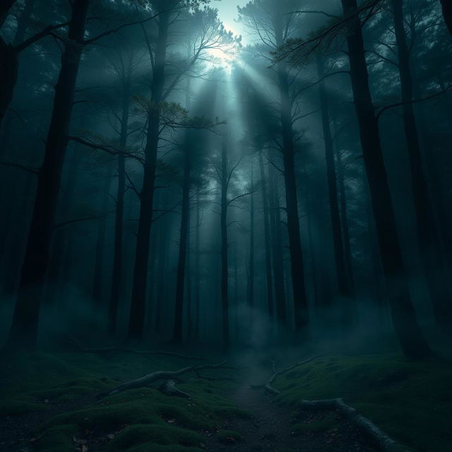 A dark and mysterious forest scene, filled with dense, towering trees shrouded in fog