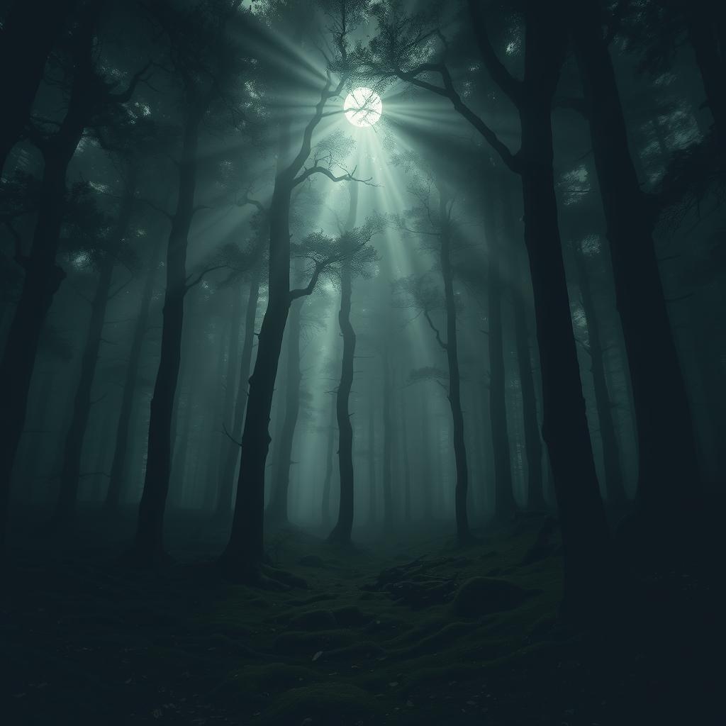 A dark and mysterious forest scene, filled with dense, towering trees shrouded in fog