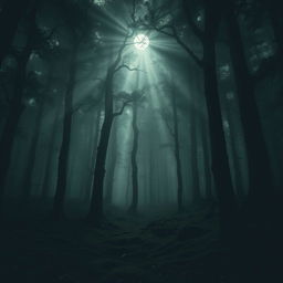 A dark and mysterious forest scene, filled with dense, towering trees shrouded in fog