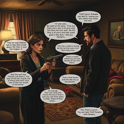A dramatic scene depicting a tense moment in a house where the protagonist, a woman with a determined expression, brandishes a revolver while confronting a male thief