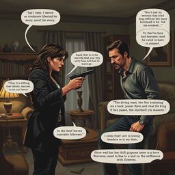 A dramatic scene depicting a tense moment in a house where the protagonist, a woman with a determined expression, brandishes a revolver while confronting a male thief