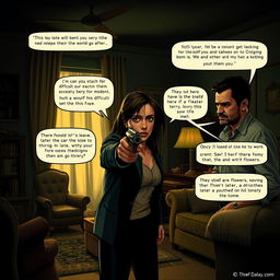 A dramatic scene depicting a tense moment in a house where the protagonist, a woman with a determined expression, brandishes a revolver while confronting a male thief